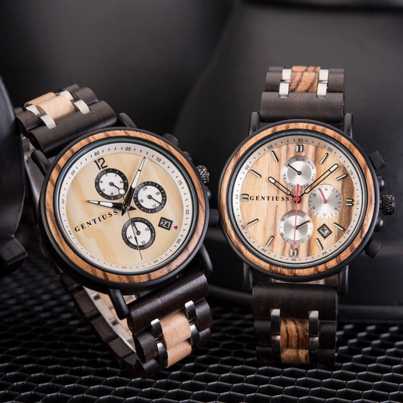 Chronograph watch wood &amp; stainless steel 