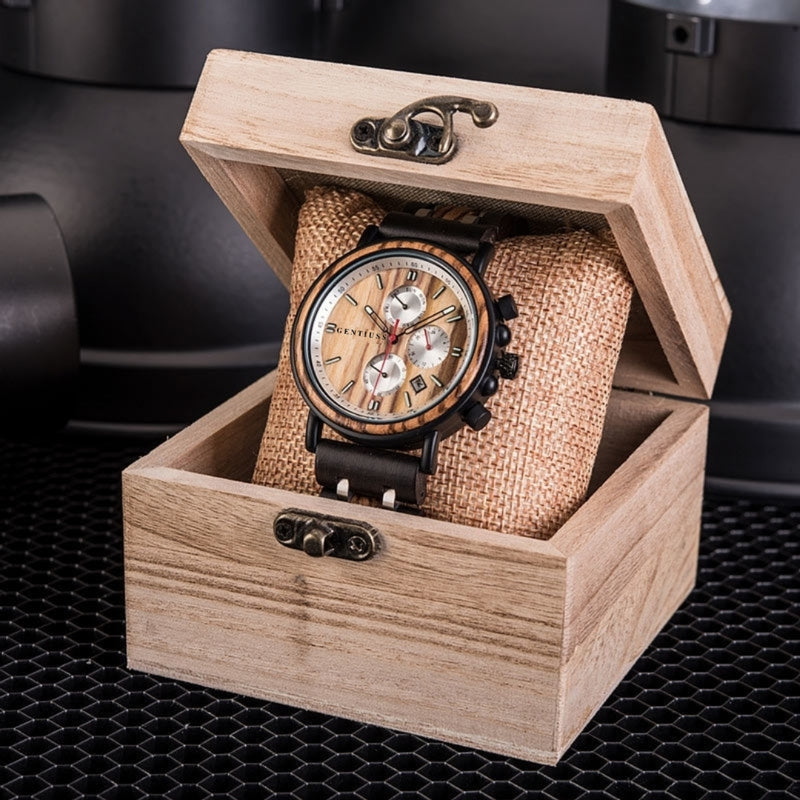 Chronograph watch wood &amp; stainless steel 