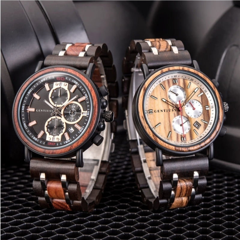 Chronograph watch wood &amp; stainless steel 