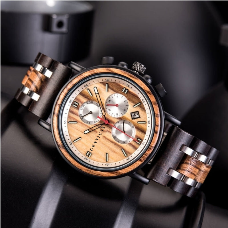 Chronograph watch wood &amp; stainless steel 