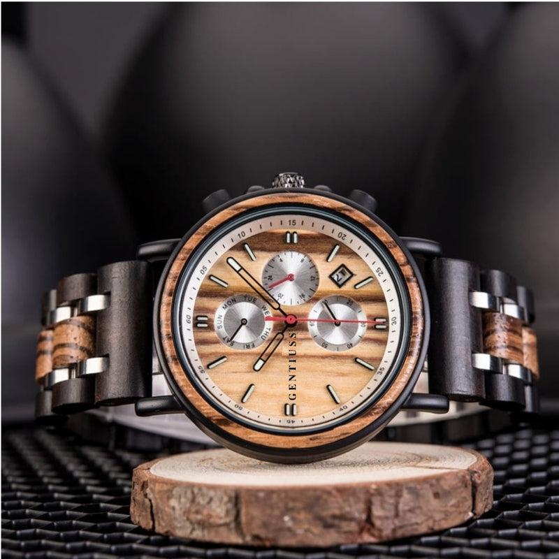 Chronograph watch wood &amp; stainless steel 